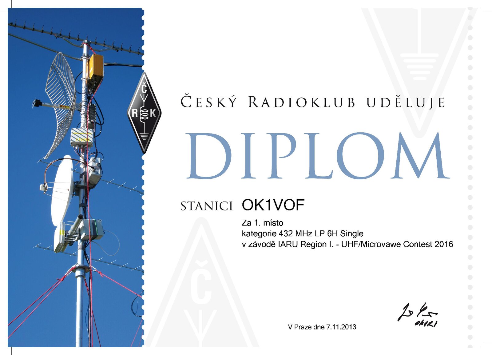 2016 Diplom OK1VOF UHF 432 MHz LP 6H